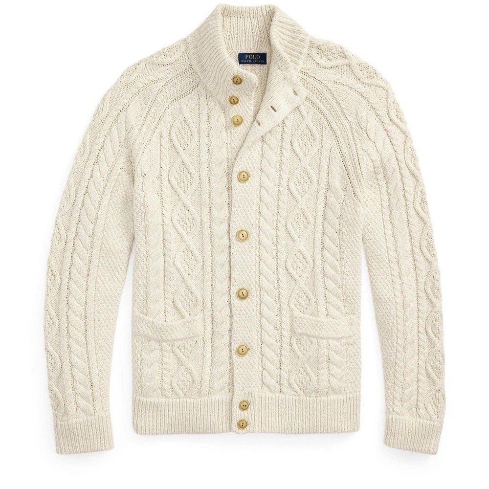 Polo Ralph Lauren Aran-Knit Marled Cotton Cardigan Cream Medium Fisherman Luxury